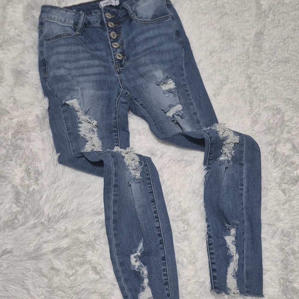 Rue21 Blue Skinny Distressed Jeans with Vintage Wash 4